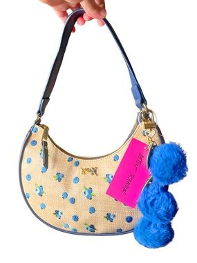 Betsey Johnson Blueberry Embroidered Woven Hobo with Blue Pom-Poms